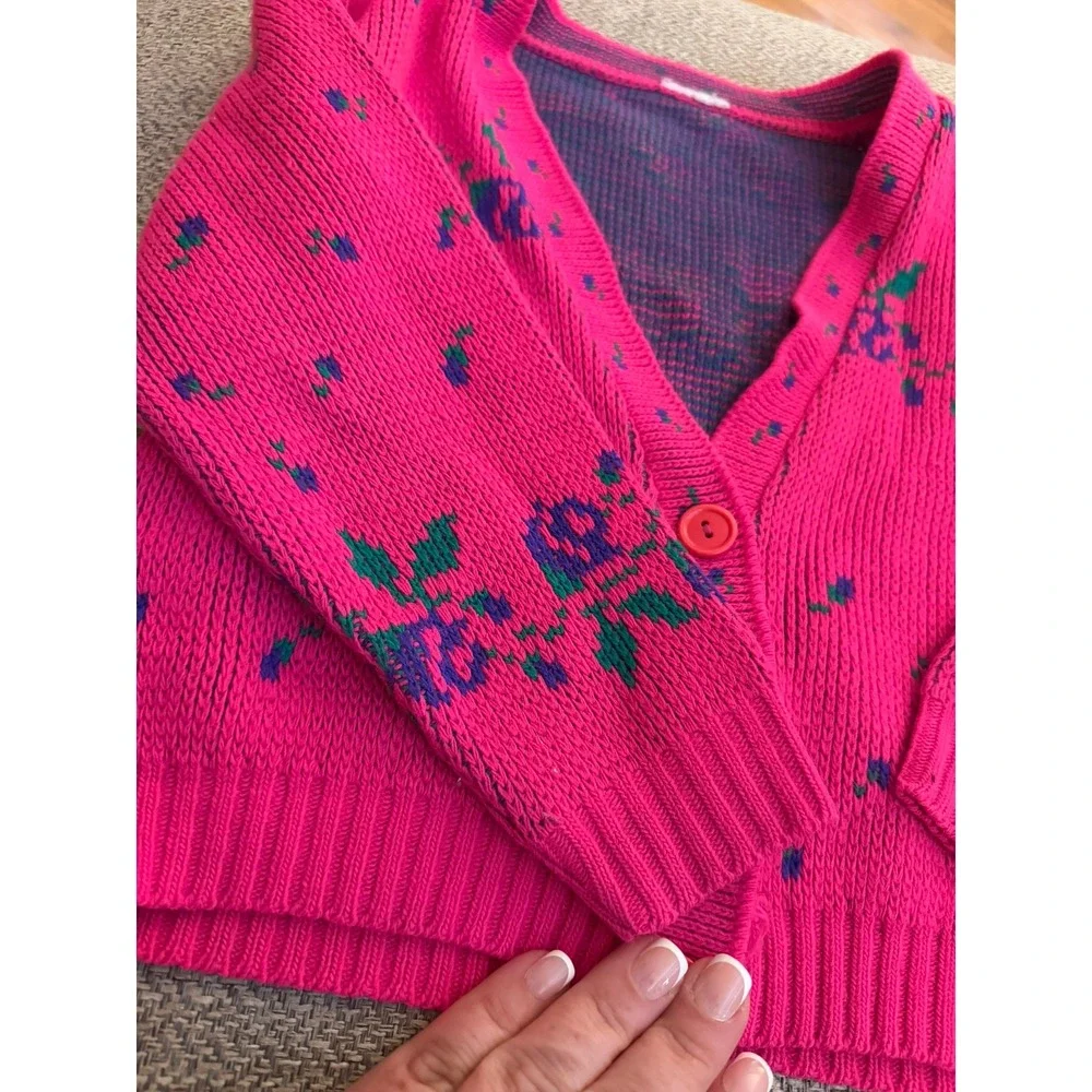 Vintage Kids 70's Pink Floral Rose‎ Knit Cardigan V-Neck Button Front Sweater